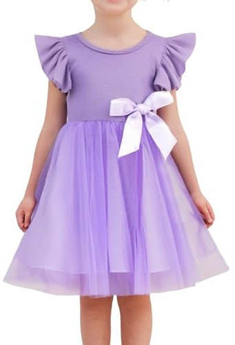 Beganly Vestito da principessa per bambine, casual, in tulle, per feste, maniche a volant, con fiocco, 2-7 anni