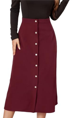 RSBFK Gonna midi da donna a vita alta in velluto a coste a trapezio con bottoni frontali, Rosso, S