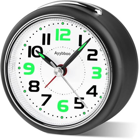 Ayybboo Reloj Despertador Analógico sin Tictac con Luz Nocturna y Función Snooze, Despertador Portátil de Viaje Personas con Sueño Profundo, Reloj para Despertador a Batería Dormitorio Salón（Negro）