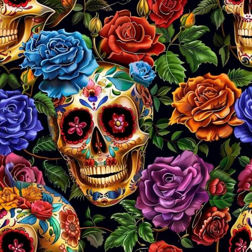 JIAOQSS Selbstklebende Tapete Totenkopf Rose Schwarz Mustertapete Klebefolie Möbel Muster Tapeten Klebetapete Vinyl Wrap Wandtapete Wohnzimmer Schlafzimmer Möbelfolie Bunt Wasserdicht Wallpaper