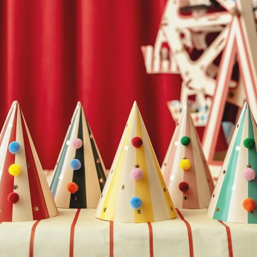 Sombreros con pompones de papel con temática de circo, kit de bricolaje, paquete de 6 divertidos sombreros de fiesta para celebraciones temáticas de circo