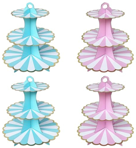 Seveups 4Pack 3 Tier Cake Stand, Pink and Blue Cupcake Stand Cardboard, Dessert Cupcake Stands Round Cardboard Cupcake Tower for Birthday,Party,Baby Showers