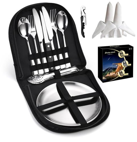 13 st rostfritt stål utensiler set med gafflar, spetsar, serrated kniv, matklämma, plattor, campingdiskar set för backpacking, vandring picknick (silver)