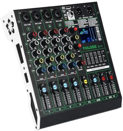FULODE DT-4 Professional 4 Channe Audio Mixer，DJ Controller Sound Board Mixing with 99 DSP Effects,5-Band EQ/4 XLR interfaces and USB for Live Streaming & Recording，48V Phantom Power & Vocal Removal