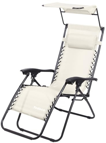 Todeco Tumbona Plegable Jardín con Toldo, Silla Gravedad Cero Reclinable con Respaldo Ajustable para Patio, Camping, Terraza y Piscina, Carga máxima 100kg, Beige