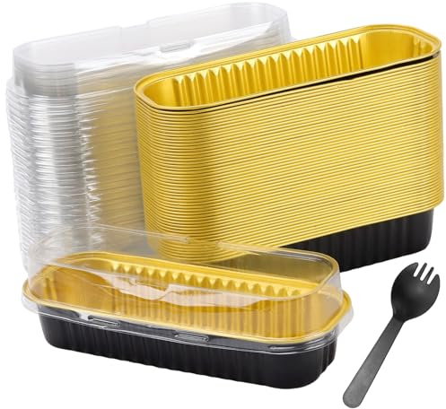 JEUIHAU 50 Pcs Mini Loaf Pans with Lids and Spoon, 200ml Mini Loaf Cake Cases Reusable Aluminum Foil Baking Pans for Bread Cake Wedding Picnic Birthday, Black Gold