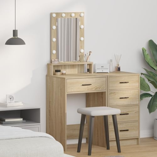 Brokky 865156 Toeletta con luci LED - Rovere di Sonoma - 50x41x140 cm Toeletta Trucco,Scrivania Trucco per Camera da Letto,Toilette Trucco
