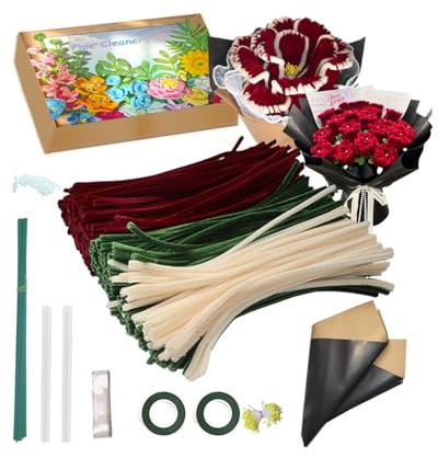 Pfeifenreiniger Blumen Set für Partner, Familie und Freunde, 400 Stück Chenilledraht roten, grünen und beigen, Zubehör für selbstgemachte Rosensträuße, Papiersträuße, mit Perlen, Wellenpapier (Rot)