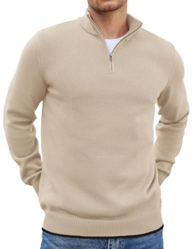 COOFANDY Suéter de Hombre con Cuarto de Cremallera, Jersey de Punto Cuello Alto Manga Larga Ajustado para Invierno Caqui Claro XL