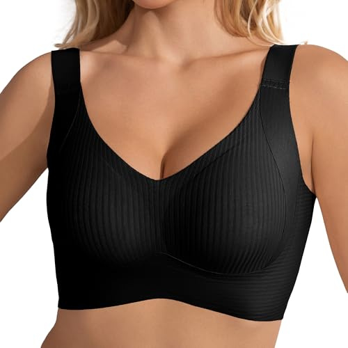 Fittingirls Bygellös Sömlösa BH, Trådlös Push-up V-ringad Vadderad, Fullt Stöd Komfort Sport-bh, Sovande T-shirt Bralette för Plusstorlek