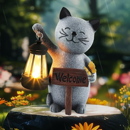 Lampe solaire chat FainFun - Décoration de jardin - Cadeau d'anniversaire pour femme - Décoration de terrasse - Décoration de jardin - Cadeau pour les amoureux des chats