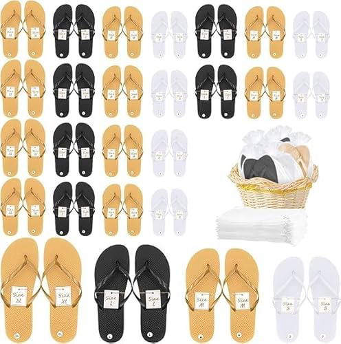 KDXBQ 24 Pairs Flip Flops Bulk for Wedding Party Guest Sandals Pack Hotel Guest Spa Slippers Casual Slippers with Assorted Size Card Sign and Drawstring Bag (Black, White, Orange)