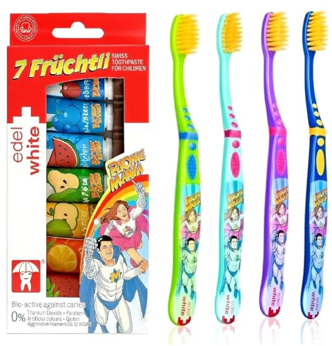 edel+white Kinder Zahnpflege-Set – 7 Früchtli Zahnpasta & 4 Kinderzahnbürsten