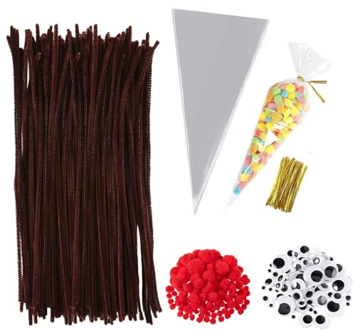 400 Braun Pfeifenputzer + 100 Cellophantüten Bastelset – Selbstklebende Wackelaugen & Pompons zum Basteln, Komplettes DIY Handwerkset zur Herstellung von Festtags- oder Alltagsbasteln (Braun-B)