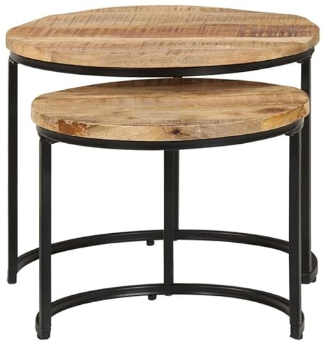 Eleganz Satztische 2 STK. aus rauem Mangoholz mit natürlichem Finish - Pulverbeschichtetes Eisen - Robust & stilvoll für Garten, Terrasse oder Balkon