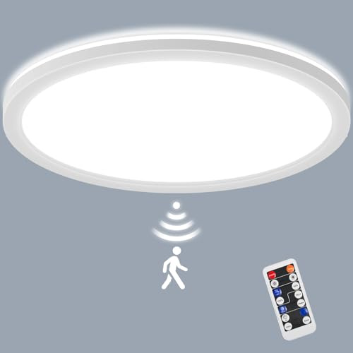 LEZOE Lámpara de Techo LED con Radar Detector de Movimiento, LED Plafones dimmable 30W 3300LM Sensor Plafón Regulable, 3000K/4000K/6500K Baño Garaje Escaleras Sótano Pasillo Balcón Ø39x2.5cm