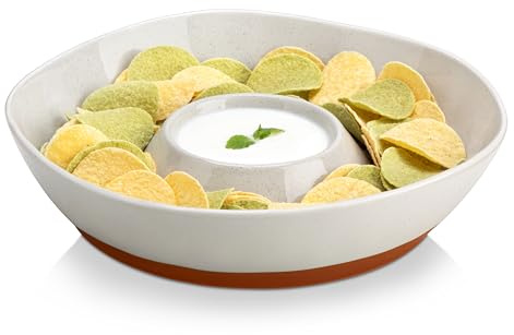 MALACASA Servierplatte für Chips und Dips, 30.5 cm Großer Teller mit Dipschalen für Chips & Salsa, Nacho & Dips, Obst, Vorspeisenplatte für Partys und Gäste, Khakigrau