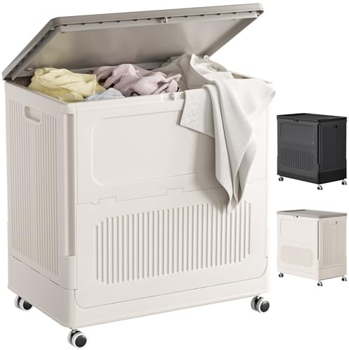 HAIXIN 130L Large Laundry Basket with Lids, Sturdy Washing Baskets with Wheels, Plastic Laundry Hamper Easy Install, Laundry Bin 1 Pack for Clothes Bathroom Bedroom, Moveable and Lockable (Milk Grey)