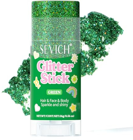SEVICH Glitter Stick Verde per viso, corpo e capelli, adatto alla pelle, resistente all'acqua, senza colla, facile da applicare e rimuovere, per feste, festival e trucco, 16 g
