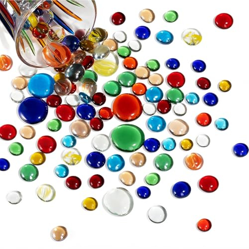 alasemo Muggelsteine Bunt,112 Stück in 3 Größen，Glasnuggets für DIY Deko | Bunte Glassteine in 8 Farben Set,vielseitig für Vasen,Blumen,Tischdeko|DIY mit Kindern.Inkl.Aufbewahrungsbeutel