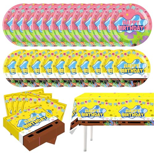 41 Pcs Yellow Cartoon Birthday Decorations , Cartoon Undersea Animal Tableware Set Ocean Themed Party Supplies - Paper Plates Napkins & Tablecloth
