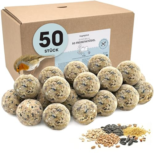 Vogelglück Meisenknödel ohne Netz, 50 Stück – Vogelknödel Vogelfutter Wildvögel ganzjährig – Meisenknödelfutter für Meisen & Gartenvögel – Körnerkugel ohne Netz plastikfrei im Karton