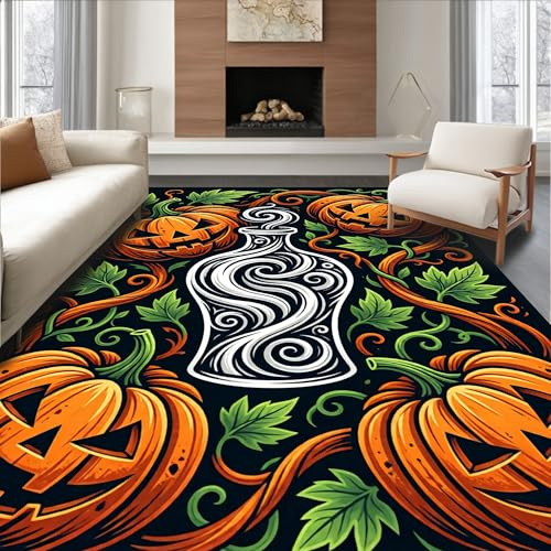 Low Pile Flatwoven Area Rug 4x6, Spooky Harvest Spirit Punch Needle Design Featuring Pumpkin Motifs, Machine Washable, Stain Resistant Indoor Rug for Living Room, Bedroom, Non Slip(Orange, 4x6)