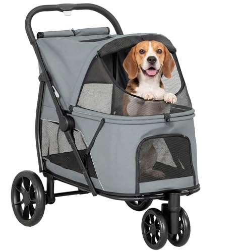 PawHut Carrello pieghevole per cani, passeggino per cani di taglia media con 3 ruote, finestre in rete, cuscino lavabile, tasca, cinture di sicurezza, freni, fuoristrada, carico 20 kg, 92x63x95 cm,