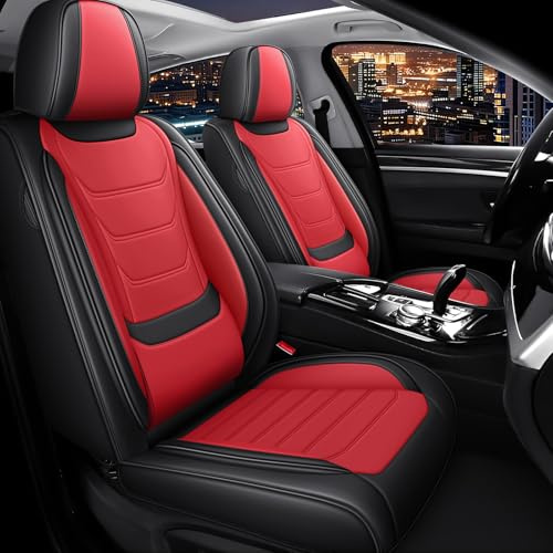 NewYYY AutoSitzbezüge Leder für Volkswagen VW Caddy 2010-2026, Schwarz-Rot | Nappa Leder Auto Sitzbezug 5 Stück, Wasserdichter Sitzschoner, Kratzfester Schonbezüge, Komfortabler Sitzschutzbezug