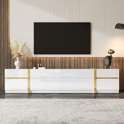 Merax TV-Ständer mit Hochglanz-Finish, TV-Schrank mit goldenen Kanten, Schubladen und Türen, moderner Wohnzimmerschrank, TV-Möbel mit viel Stauraum,Weiß, 180 L x 40 B x 38H(cm)