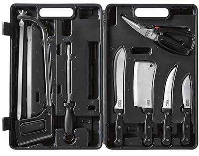 Weston 10-Piece Game Processing Knife Kit, 8 Butcher, 6 Cleaver, 5.3 Fillet, and 4.2 Skinning Knives, Adjustable 12.25 Butcher Saw, Sharpener, Shears & Storage Case, Stainless Steel (83-7001-W)