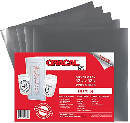 (5) 12 x 12 Sheets - Oracal 651 Metallic Silver Adhesive Craft Vinyl for Cricut, Silhouette, Cameo, Craft Cutters, Printers, and Decals - Gloss Finish and Outdoor and Permanent