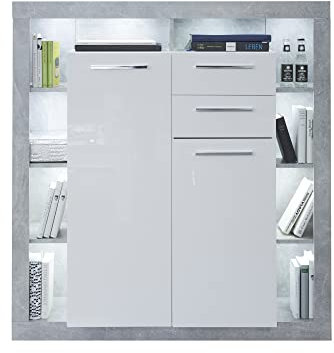 trendteam smart living - Rock - Sideboard - Weiß Hochglanz/Grau - Highboard mit 2 Türen, 2 Schubladen, 9 Einlegeboden und 8 offenen Fächern - (BxHxT) 121 x 128 x 40 cm - chromfarbene Griffe