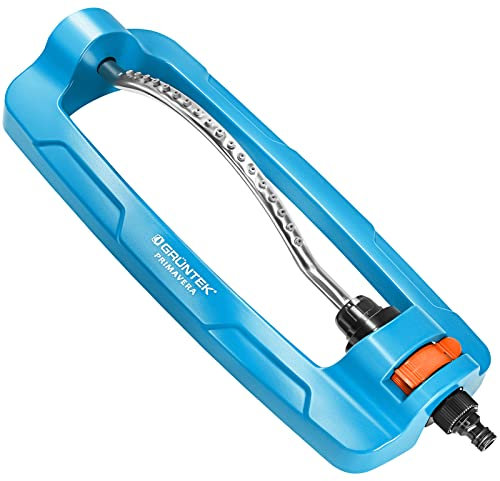 GRÜNTEK Regner Primavera bis 399 m2 Bewässerungsfläche mit Turbo-Motor - Rasensprenger Viereckregner, regulierbare Spreng-Reichweite, Comfort Rasensprinkler Metall Rasen Sprenger