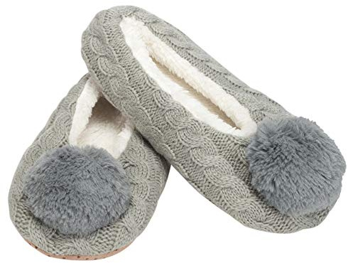 Elanze Designs Ballerina Knit Pom Womens Plush Lined Cozy Non Slip Indoor Soft Slipper - Grey, Small