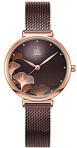 Alienwork Montre Femme Or Rose Bracelet Maille Brun élégant