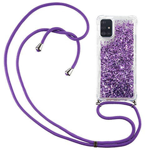 CaseLover Handykette Handyhülle für Samsung Galaxy A51 4G, Glitzer Flüssig Bewegende Treibsand Transparent Silikon Case mit Kordel zum Umhängen Necklace Phone Hülle mit Band für Samsung A51 4G, Lila