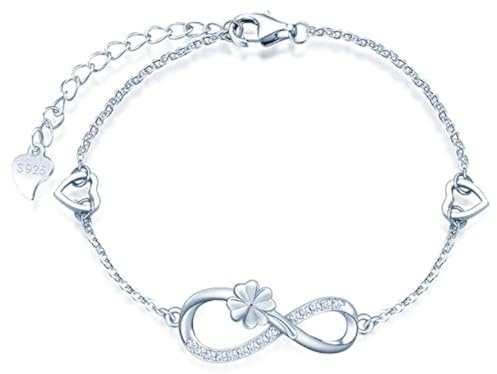 MicLee Damen Einfach Armband Zirkonia 925 Sterling Silber Allergenfrei Vierblättriges Kleeblatt Unendlichkeit Zeichen Zwei Herzen Armreif Armkette mit Geschenkbeutel Super Geschenk für Mutter Freundin