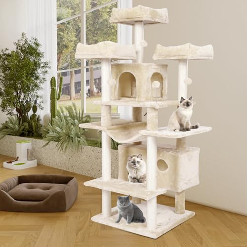 MSmask Kratzbaum groß XXL, 175cm Katzenbaum Katzen stabil mit 3 großer Aussichtsplattform, Sisal-Kratzstangen (Beige)