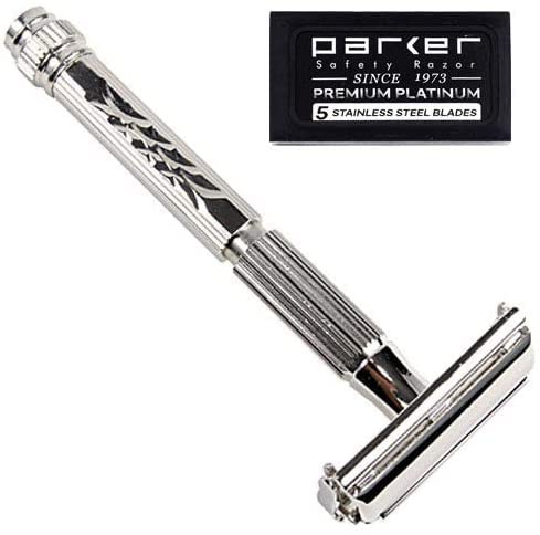 Parker Rasierhobel, 60R Klassischer Doppelschneidiger Rasierhobel, offener Rasierhobel, mit 5 Parker-Platinklingen, liefert eine Rasur in Barbershop Qualität