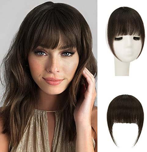 Sofeiyan Clip on Fringe,Clip in Bangs 100% Remy Echthaar One Piece | Natürliche Bangs with Tempel Haarteile Echthaar Haarverlängerung für Frauen,Dunkelbraun – Gerader Pony