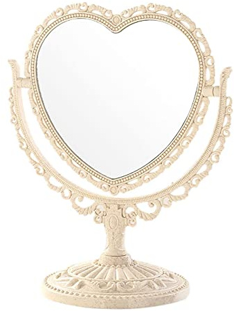 JIHUOO Herzförmiger Kosmetikspiegel Doppelseitig Make Up Spiegel Vintage Tischspiegel Drehgelenk Schminkspiegel Standspiegel Beige