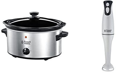 Russell Hobbs Slow Cooker 23200, 3.5 L - Stainless Steel Silver & 22241 Food Collection Hand Blender, 200 W - White