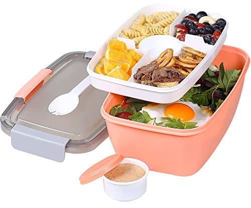 Greentainer to Go Salad Lunch Container with 68 OZ Salad Bowl, Large Bento Lunch Box with Lid, 5-Compartment Trays & Dressing Container, Stackable, Leak-Proof, BPA-Free,Microwave & Dishwasher Safe