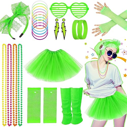 80er Jahre Verkleidung für Frauen Mädchen 1980er Jahre Party Grün Kostüm Zubehör Set Tutu Rock Beinwärmer Fischnetz Handschuhe Brille Ohrringe Armband Halskette Stirnband Retro Outfit für 80er Jahre