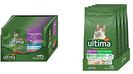 Ultima Comida Húmeda para Gatos con Variedad de Pescados - 12 x (4 x 85gr) - 4080g & Pienso para Gatos esterilizados con Problemas del tracto urinario: Pack de 4 x 1.5 kg - Total: 6 kg