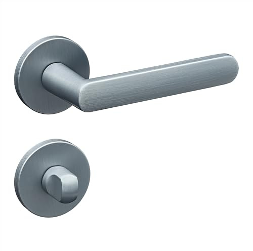 Gavroche Türgriffe Set WC/Bad | Türklinken für Innentüren in Silber Matt Chrom | Drückergarnitur für Zimmertür mit runder Rosettengarnitur aus Zink | Türbeschlag in L-Form