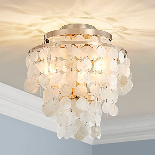 Saint Mossi Capiz Shell Deckenleuchte, moderner Costal Stil, perfekt für Wohnzimmer, Schlafzimmer, Esszimmer, D33 x H38 cm, 3-Sockel, glänzende Gold Finish Rahmen
