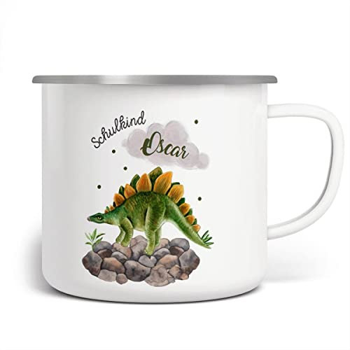 Mikalino Emaille Tasse Schulkind Stegosaurus Dinosaurier mit mit Wunschname personalisierte Kindertasse mit Namen bedruckt Emaille Becher Emailletasse Geschenk, Farbe:weisssilber, Grösse:300ml