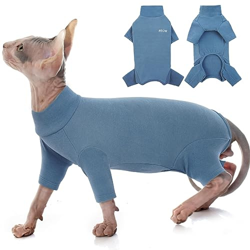 Sphynx Katzen Winterkleidung: Warmer Pullover & Weste - Haarlose Katze Jumpsuit Onesie - Blau, S